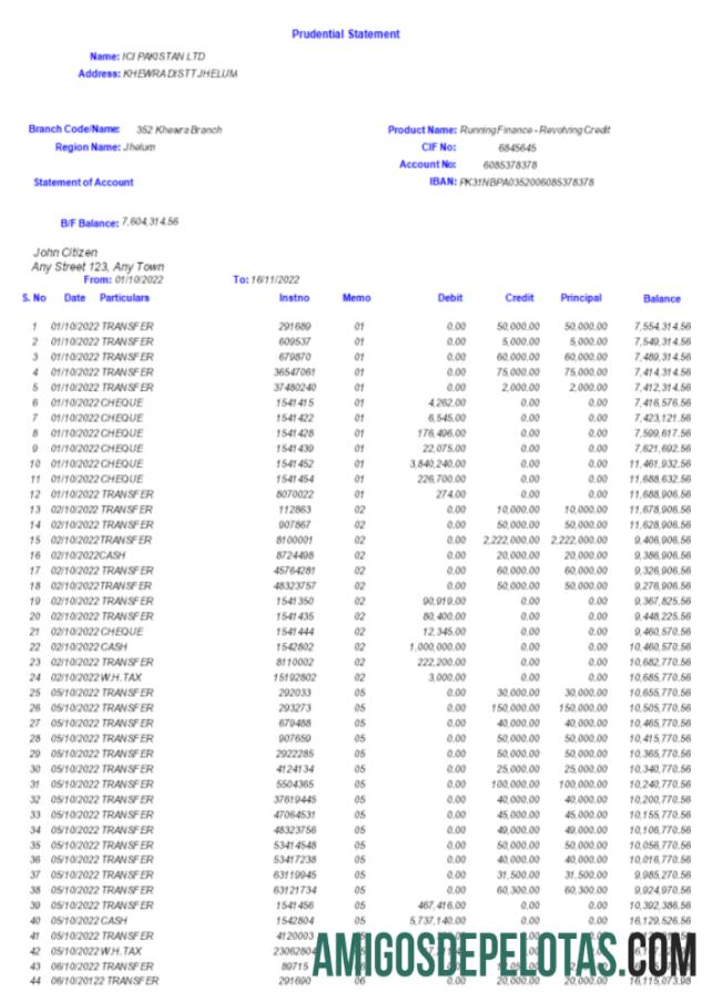 Modelo realista de extrato bancário ICI do Paquistão em Word e PDF